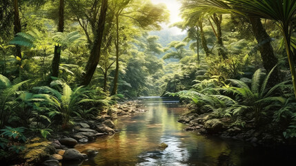 A lush forest in Fiji, with a serene river flowing through it. Generative AI