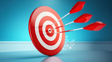Creative illustration of red round shaped target with thin arrow representing concept of setting goals correctly on blue background, Generative AI