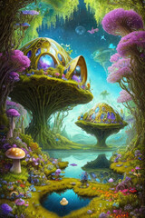 Generative Ai, beautiful fantasy magical forest, surrealism magical fantasy forest, beautiful fantasy mushroom forest In the enchanting embrace, exotic surrealism, Exotic Fantasy surrealism Forest
