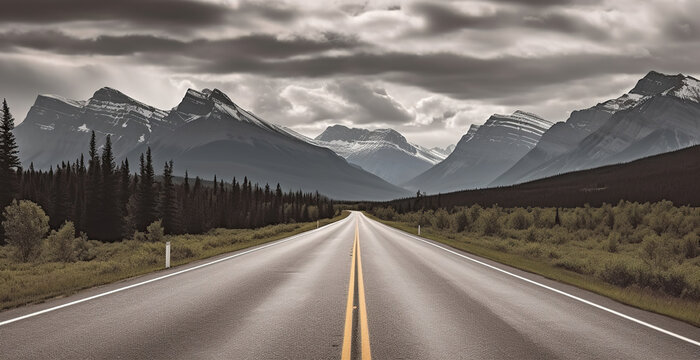 Scenic landscape with David Thompson Highway and mountains of Canadian Rockies, Generative AI