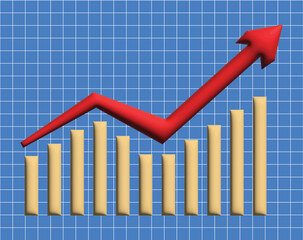 golden bar graph with red up arrow, vector chart icon, grow graph, growth, good direction movement, progress, vector