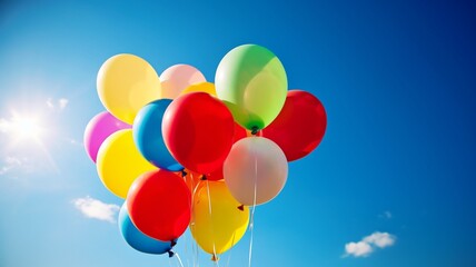 a background of a blue sky with colorful balloons.Generative AI.