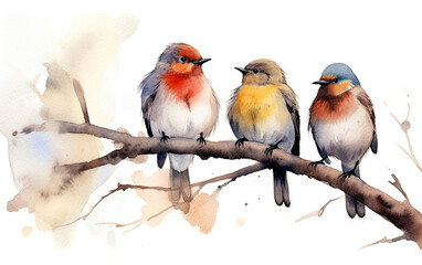 Cute colourful birds sitting on a branch. Watercolour style with white background. Digital illustration.