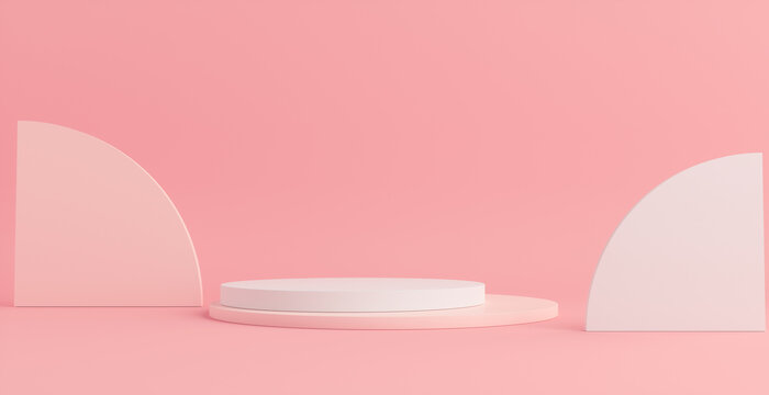 Product Podium - Pink & White Podiums, Pink Background. 3D Illustration