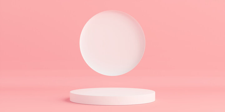 Product Podium - White Podium, Pink Background. 3D Illustration