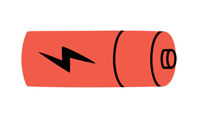 Hand drawn cute illustration of battery with lightning sign. Flat vector charged accumulator symbol in doodle style. Source of power, electricity sticker, icon. Isolated on white background.