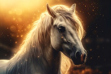 beautiful white horse with long mane created with Generative AI technology