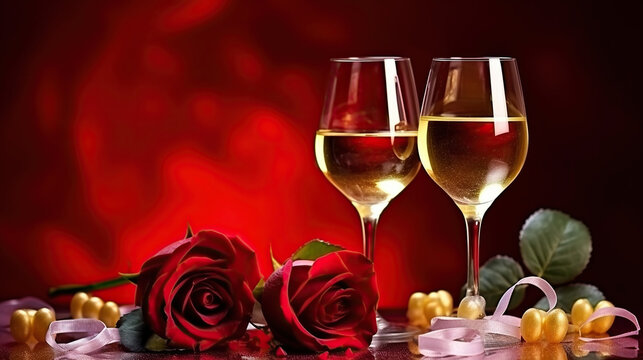 Harmony and Toasts, A Celebration of Love and Luxury with two glass Wine and Roses. Generative AI