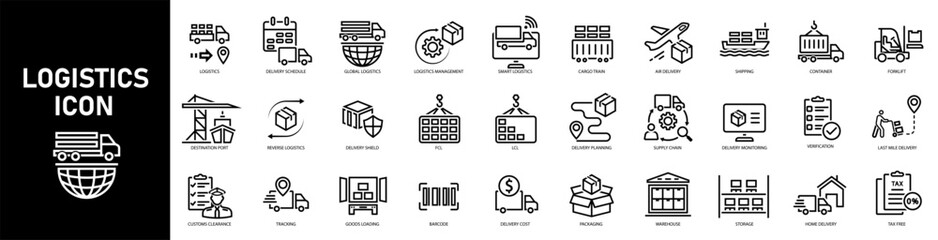 Logistics icon set. Shipping, transportation, delivery, cargo, freight, route planning, export and import icon. Vector illustration - obrazy, fototapety, plakaty