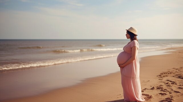 On the beach, a pregnant woman.Generative AI