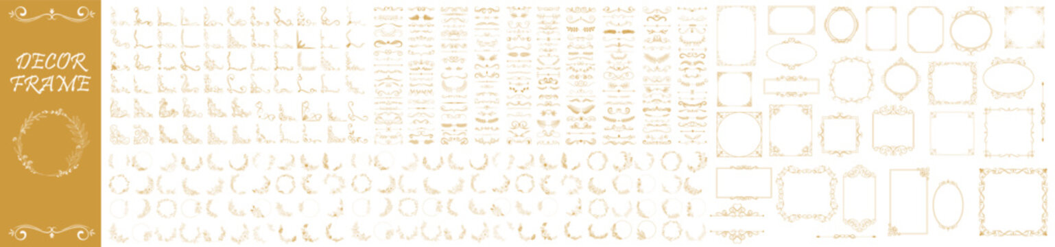 Set of gold vintage frame and corners icon. Vector illustration.