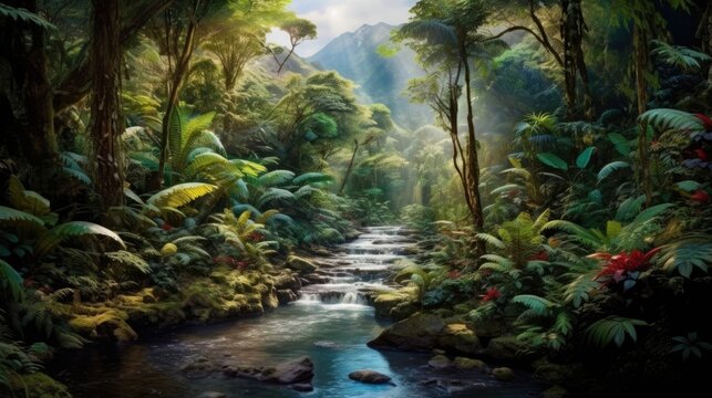 A lush forest in Fiji, with a serene river flowing through it. Generative AI