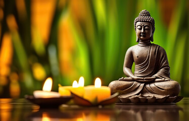 The Serene Buddha Engaged in Meditative Reflection, Guided by the Gentle Glow of a Burning Candle. Generative AI