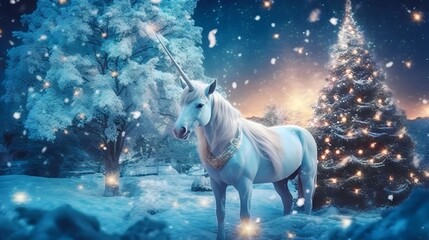 Obraz na płótnie Canvas a unicorn with a sparkling, star-studded horn, decorates the Christmas tree or the snow on Christmas, Generative AI