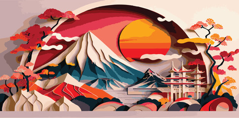 japan travel concept background painting with mt fuji - obrazy, fototapety, plakaty