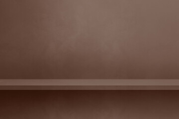 Empty shelf on a chocolate brown concrete wall. Background template. Horizontal mockup