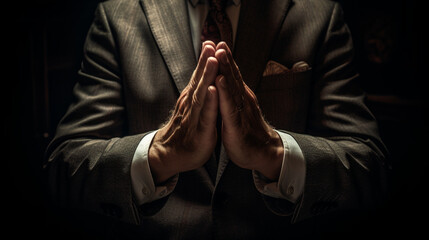 Businessman hands, praying, generative ai - obrazy, fototapety, plakaty
