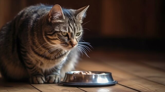 Beautiful tabby cat eating wet tin food while perched next to a ceramic food plate set on the wooden floor. lifestyle photo with selective focus.Generative AI