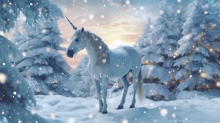 Obraz na płótnie Canvas a unicorn with a sparkling, star-studded horn, decorates the Christmas tree or the snow on Christmas, Generative AI