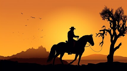Fototapeta na wymiar A cowboy riding a horse in silhouette as dusk falls.Generative AI