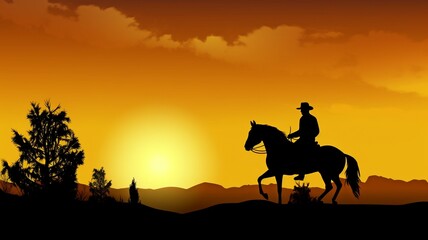 Fototapeta na wymiar A cowboy riding a horse in silhouette as dusk falls.Generative AI