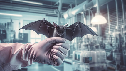 Bat in the hands of a laboratory assistant. Generative AI.