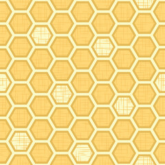 Honey bees, yellow honeycomb with texture. Seamless repeated surface vector pattern design.