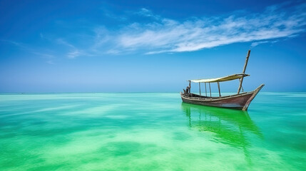 Obraz premium Silence in emerald water and sky around alone boat in Zanzibar. Generative AI
