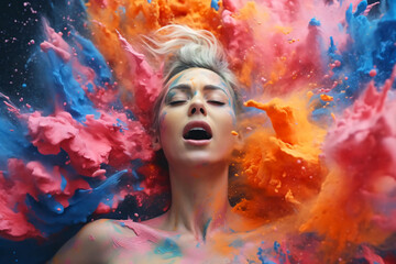 Young blonde woman standing in front of explosion of colourful paint and powder. Generative AI.
