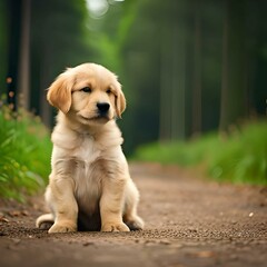 Golden Retriever puppy sitting in the park on the road. ai genrated