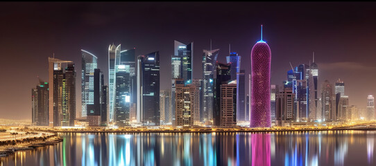 Panoramic view to the modern skyline of the City Center West Bay of Doha, during night time, Generative AI