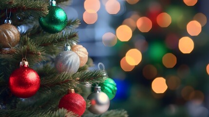 Fototapeta na wymiar Christmas Tree, Red and Green Ornaments against a Defocused Lights Background, Generative AI