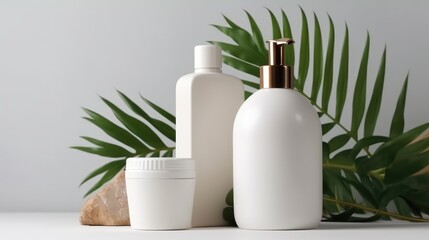 Fototapeta na wymiar White cosmetic bottles with spa element and towel with palm leaf on white background. Generative AI
