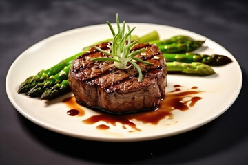 Grilled fillet mignon beef steak set, with onion and asparagus, on plate - obrazy, fototapety, plakaty