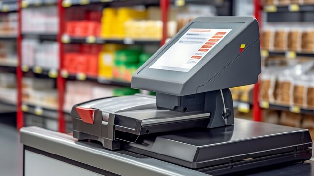 a bar code scanner at a self-checkout in a contemporary supermarket. Automated machines replacing cashiers is a job-loss concept.The Generative AI