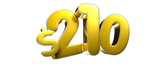 210 dollar figure gold 3D illustration. Advertising signs. Product design. Product sales.