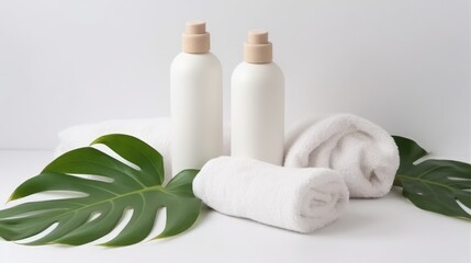 Fototapeta na wymiar White cosmetic bottles with spa element and towel with palm leaf on white background. Generative AI