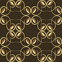 Vector seamless pattern of coffee beans, decorated with swirls.