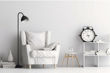 Modern living room interior with armchair, bookshelf and clock