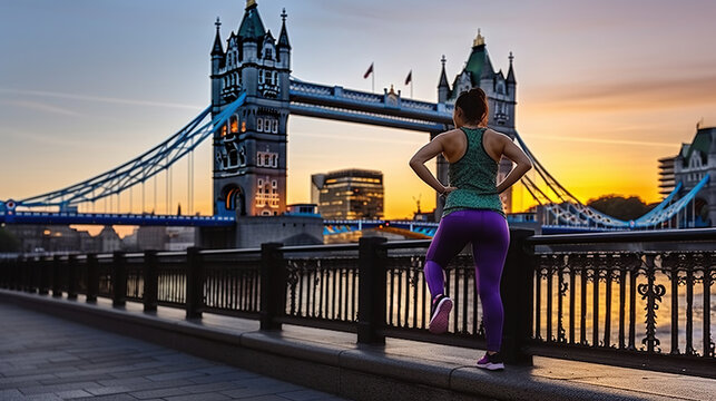 A sportive woman in running clothes rests and stretches after a early morning workout at the Tower Bridge in London, Generative AI