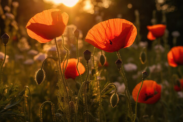 Fototapeta premium field of red poppies in the sunset light. AI Generative