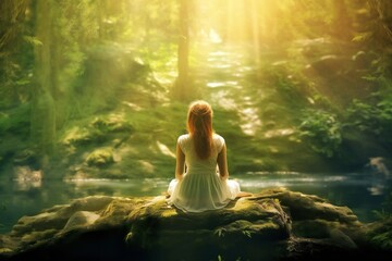 Woman in the state of meditation in magic heavenly forest with lush vegetation and trees and light rays Generative AI