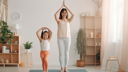 Standing in tree pose, grinning, and laughing while speaking, a joyful yogi mom instructs her daughter in yoga at home. The Generative AI