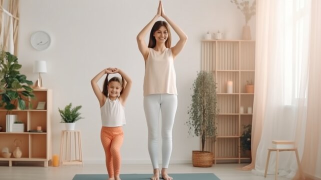 Standing in tree pose, grinning, and laughing while speaking, a joyful yogi mom instructs her daughter in yoga at home. The Generative AI