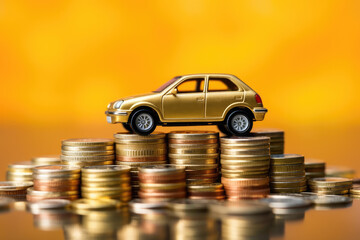 Model toy car with coin money. Concept of car insurance buying and selling vehicles. Generative ai Generative AI