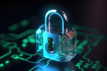 Padlock with keyhole on background of chain connections, network glowing in the dark. Creative concept for internet security, encryption and personal data protection. Generative AI 3d render.