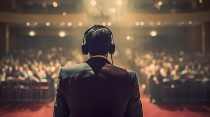Back view of a motivational speaker performing on stage while wearing a headset. The Generative AI - obrazy, fototapety, plakaty