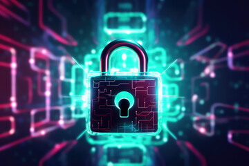 Padlock with keyhole on background of neon chain connections, network glowing in the dark. Creative concept for internet security, encryption or personal data protection. Generative AI 3d render.
