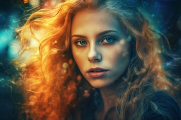 young woman with long wavy hair and sensual look created with Generative AI technology