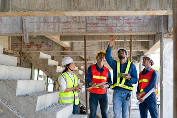team of civil engineer manager, maintenance supervisor, technician foreman together with safety...